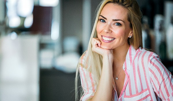 Closeup of woman with white teeth smiling