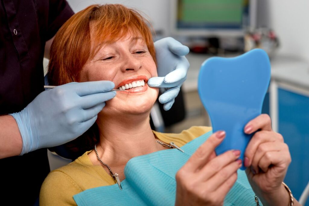 An older woman at the dentist.